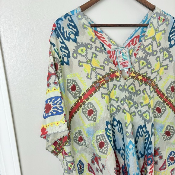 Johnny Was Silk Kaftan Cover Up Colorful Geometric XS Oversize Beach Layer Fun - Picture 3 of 12